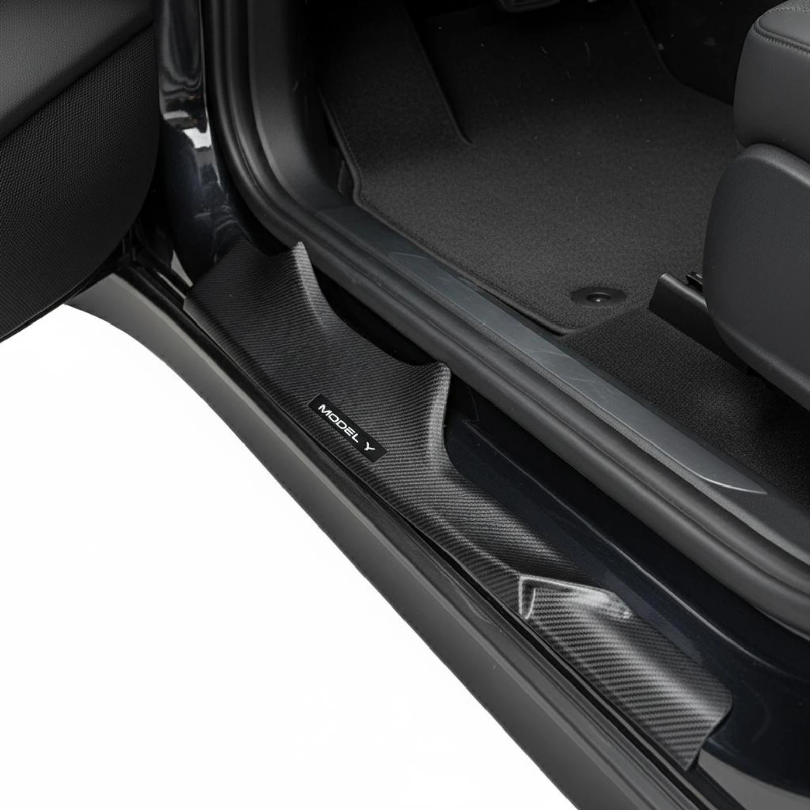 Фото Комплект из 4 накладок на пороги из карбона для электромобиля Tesla Model Y, легко устанавливаемые защитные накладки на пороги автомобиля №1