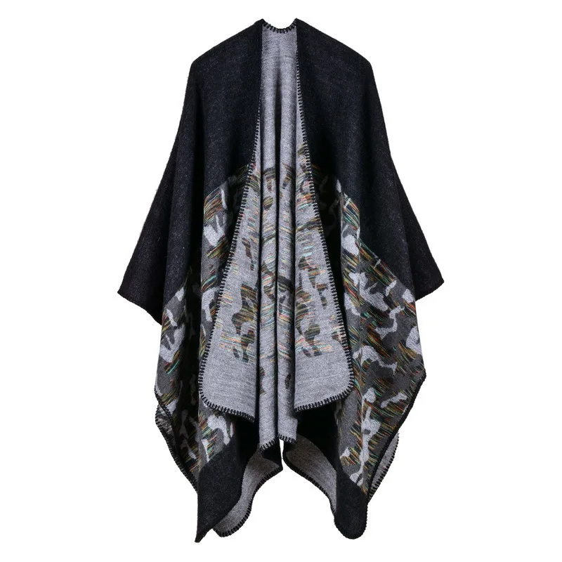 European  American Women's Fashion Camouflage Imitation Cashmere Split Fork Lengthened Thickened Cape Ponchos Lady Coat Black