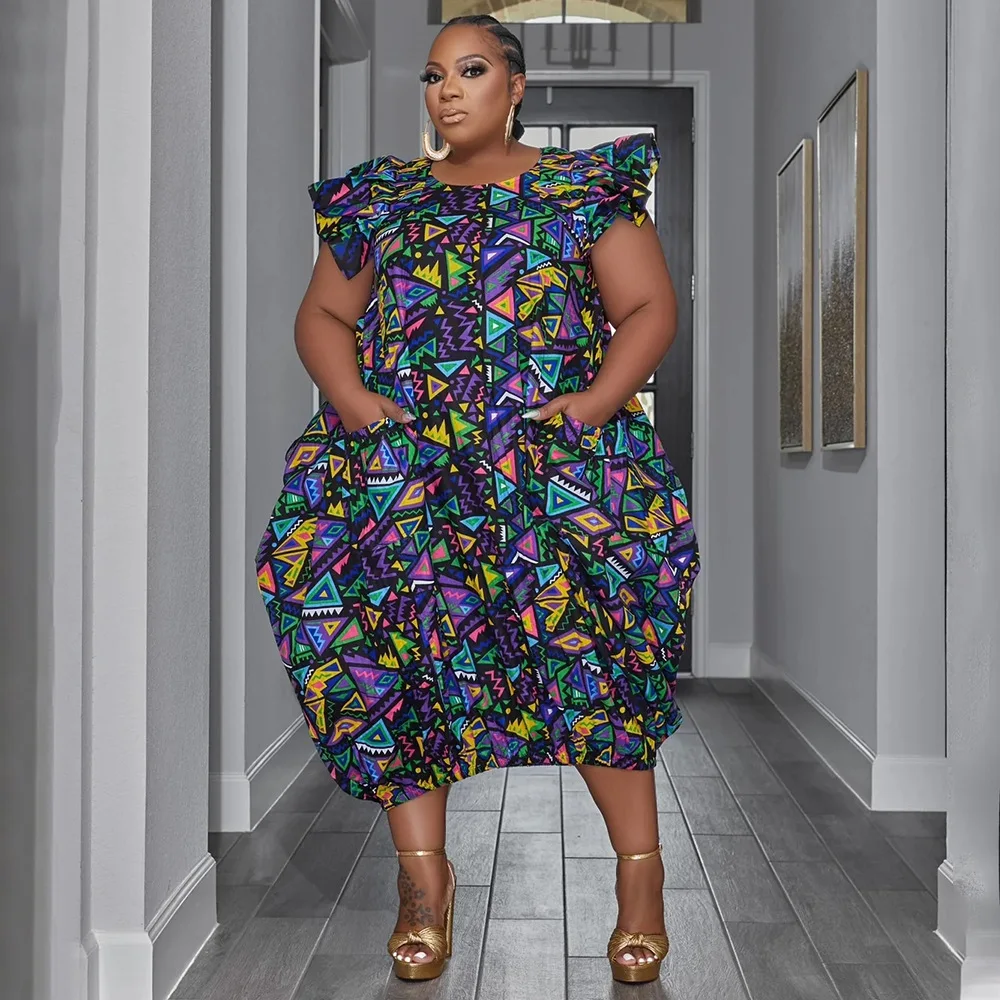 Plus Size Print Loose Dress For Chubby Women Puff Sleeve Cloth Lady Casual Luxury Ball Gown 2023 Summer Trendy 5xl New In Dress