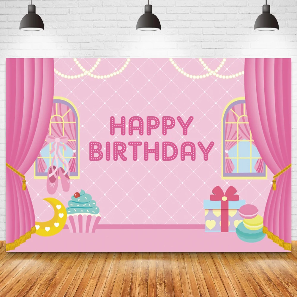 

Happy Birthday Pink Backdrop Girl Party Pink Curtain Gift Ice Cream Decoration Photo Background Photocall Poster Props