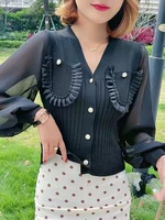 cropped cardigan women sweaters chiffon patchwork long sleeve top sweater korean style knitted womens clothes cardigans autumn