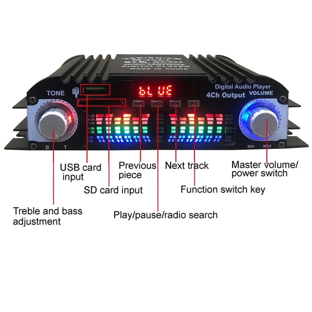 Фото 1600 Вт пиковая мощность Hi-Fi усилитель звука Bluetooth караоке-плеер FM-радио пульт дистанционного управления цифровой 4-канальный стерео аудио усилитель №4