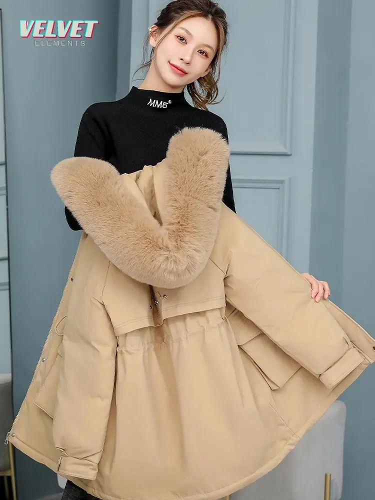 VelvetElements 2023 New Winter Fur Hooded Long Sleeve Jacket Women Solid Cotton-padded Warm Loose Parkas Coat Fashion Outwear