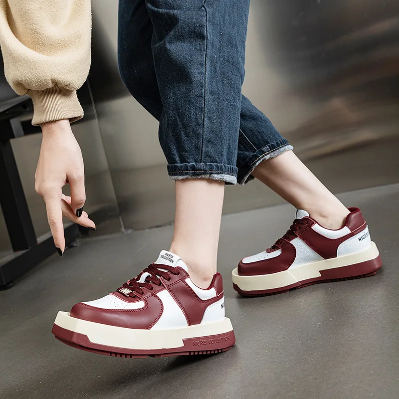 2023 Square Toe Chunky Sneakers Genuine Leather New Wedge Platform Shell Toe Breathable Vulcanized Summer Fashion Ladies Shoes