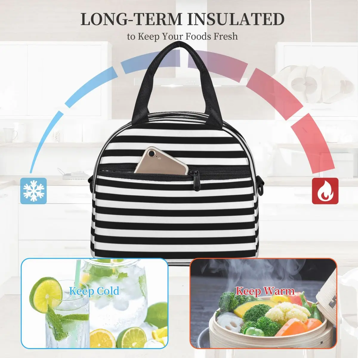 

Classic Striped Vintage Lunch Bag with Handle Horizontal Black Stripes Portable Cooler Bag Clutch Refrigerator Meal Thermal Bag