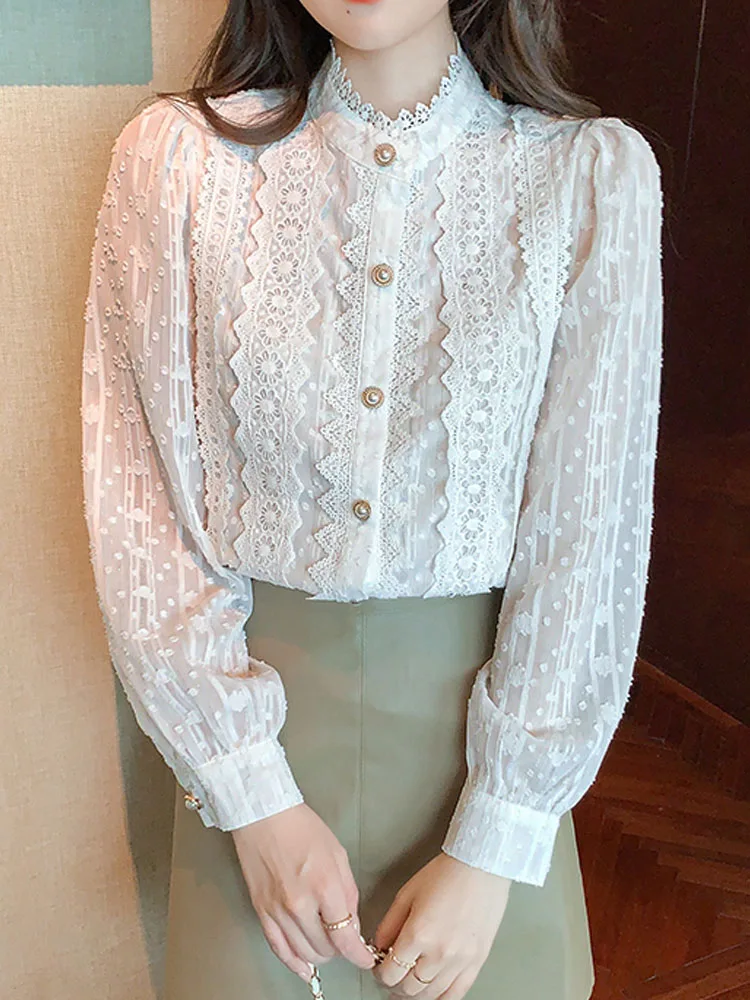 2022 белая кружевная блузка и рубашка осенние женские топы Элегантная с длинным