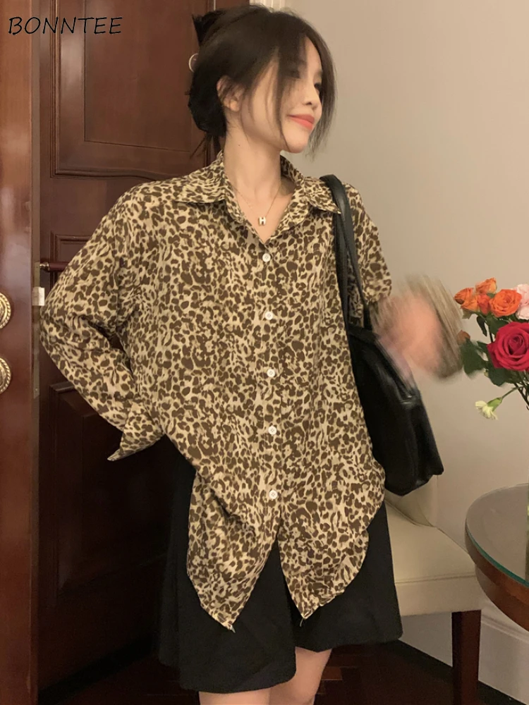 

Leopard Shirts Women Sun-proof Cozy Leisure Simple All-match Baggy Summer Clothes Ulzzang Female Elegant Retro Daily Streetwear