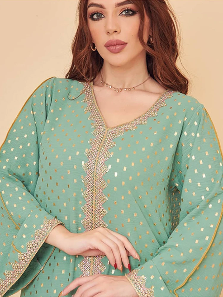 Gold Stamping Jalabiya Kaftan Dress for Women Dubai Crinkled Crepe Fabric Casual Modest Robe Muslim Arab Moroccan Caftan Party