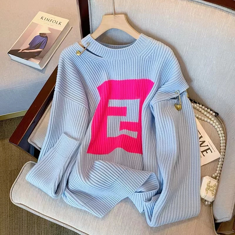 

Digital 2 design sense broken jacquard long-sleeved women knitted pullover full of Women's slim and lazy temperament