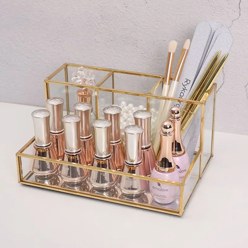 

Edge Lipstick Makeup Organizer Pencil Perfume Tools Bathroom Golden Organizer Makeup Glass Box Covered Organizer Cosmetic With