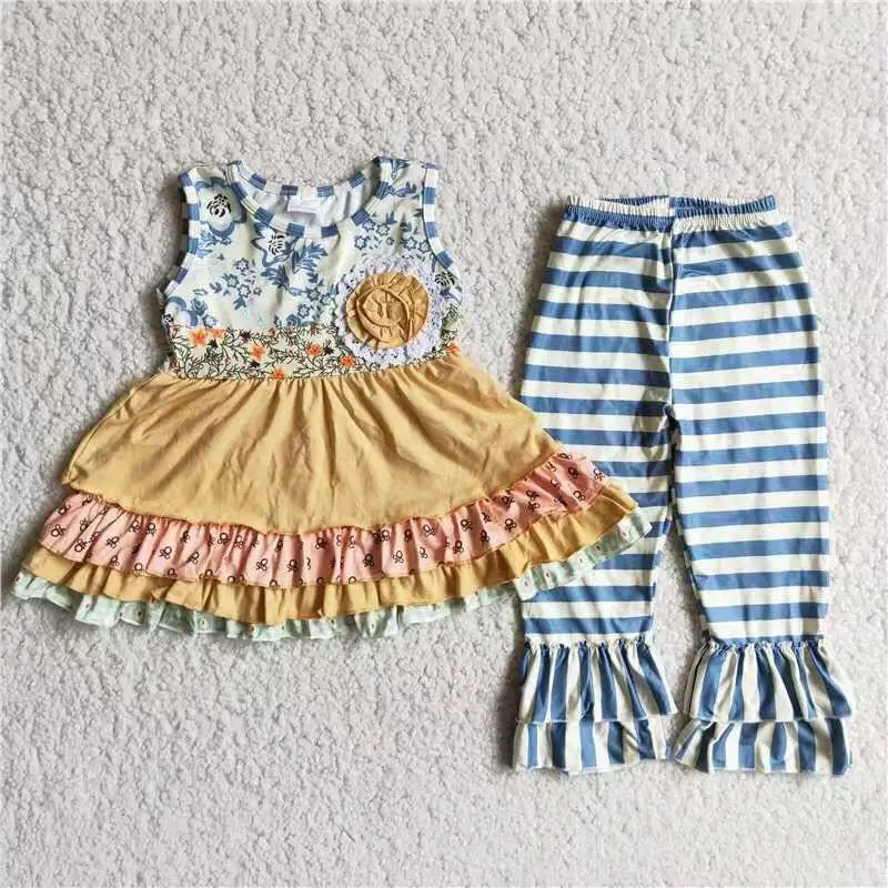 

Лидер продаж, детская модная одежда с цветочным украшением RTS, комплекты детской одежды в полоску, Детские наряды с оборками для малышей