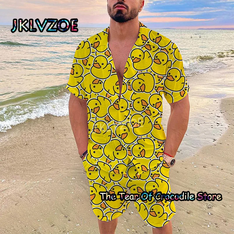 Cartoon Duck Men Shirt Set Casual Short Sleeve Suit Print Design Turn-down Top Quality Hawaiian Summer Tee Oversized Clothes