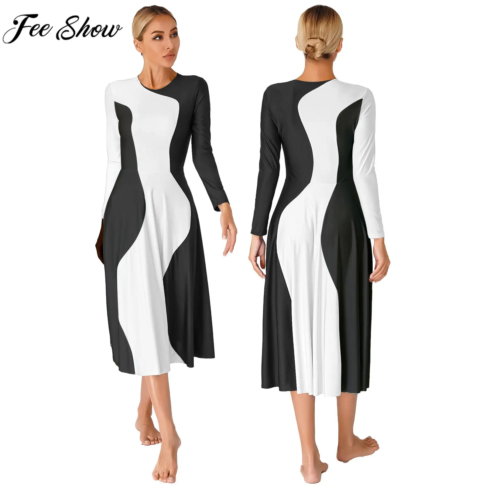 

Womens Contemporary Lyrical Dance Dress Ballroom Choir Clothes Long Sleeve Color Block Dresses Dancewear for Stage Performance
