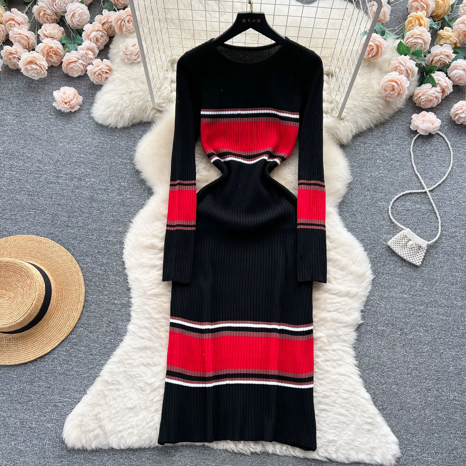 

Элегантное трикотажное платье-карандаш в полоску с круглым вырезом и длинным рукавом, ультратонкий базовый модный свитер, сексуальная женская зимняя одежда Vesido