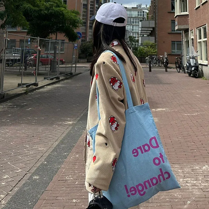 

2023 Cartoon Autumn Winter Sanrio Hellokittyed Love Print Suit Jacket Cute Beauty Fashion Single-Breasted All-Match Khaki Top