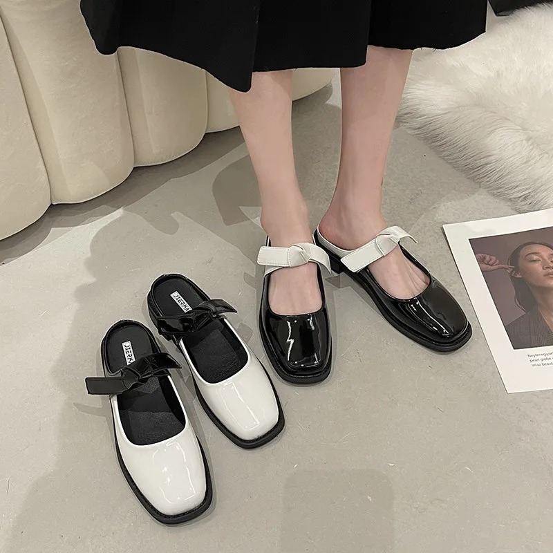 

Low Shoes Slippers Women Summer Slides Loafers Pantofle Cover Toe Butterfly-Knot Female Mule Soft 2022 Mules Hoof Heels PU