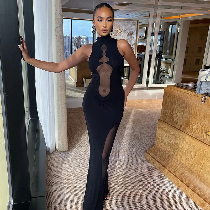 

New Summer Sexy Sleeveless Mesh Patchwork Turtleneck Maxi Dress Femme 2022 Solid Skinny Elegant Fashion Evening Party Outfits