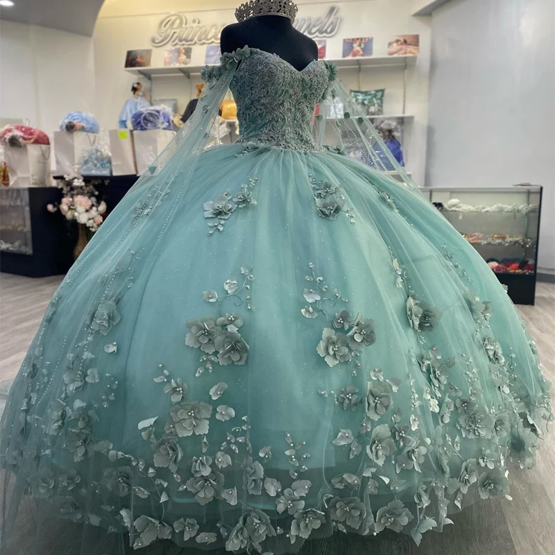 

Mint Green Shiny Quinceanera Dress 2023 With Cape Ball Gown Sleeveless Beading 3D Flowers Corset Vestido De 15 Anos
