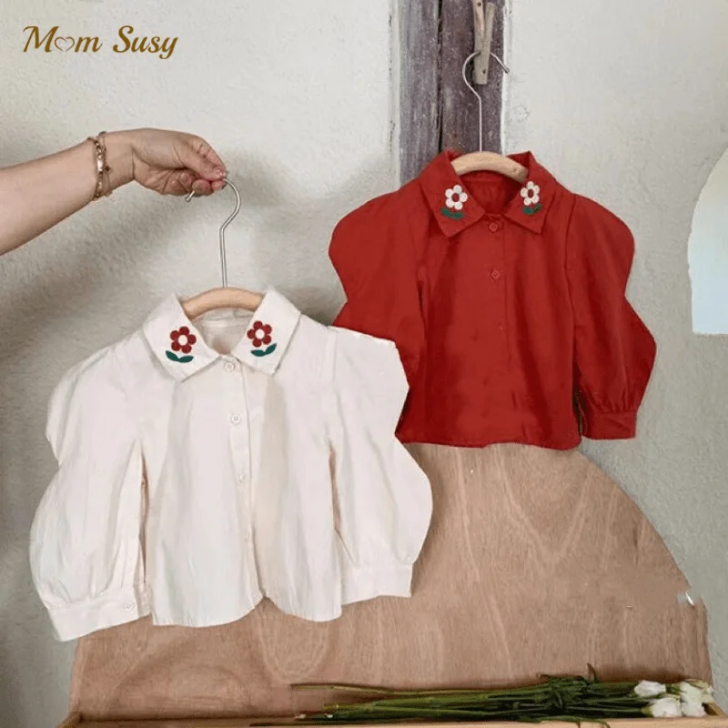 

Fashion Baby Girl Cotton Shirt Infant Toddler Child Long Puff Sleeve Sweatshirt Flower Embroidery Blouse Baby Clothes 18M-7Y