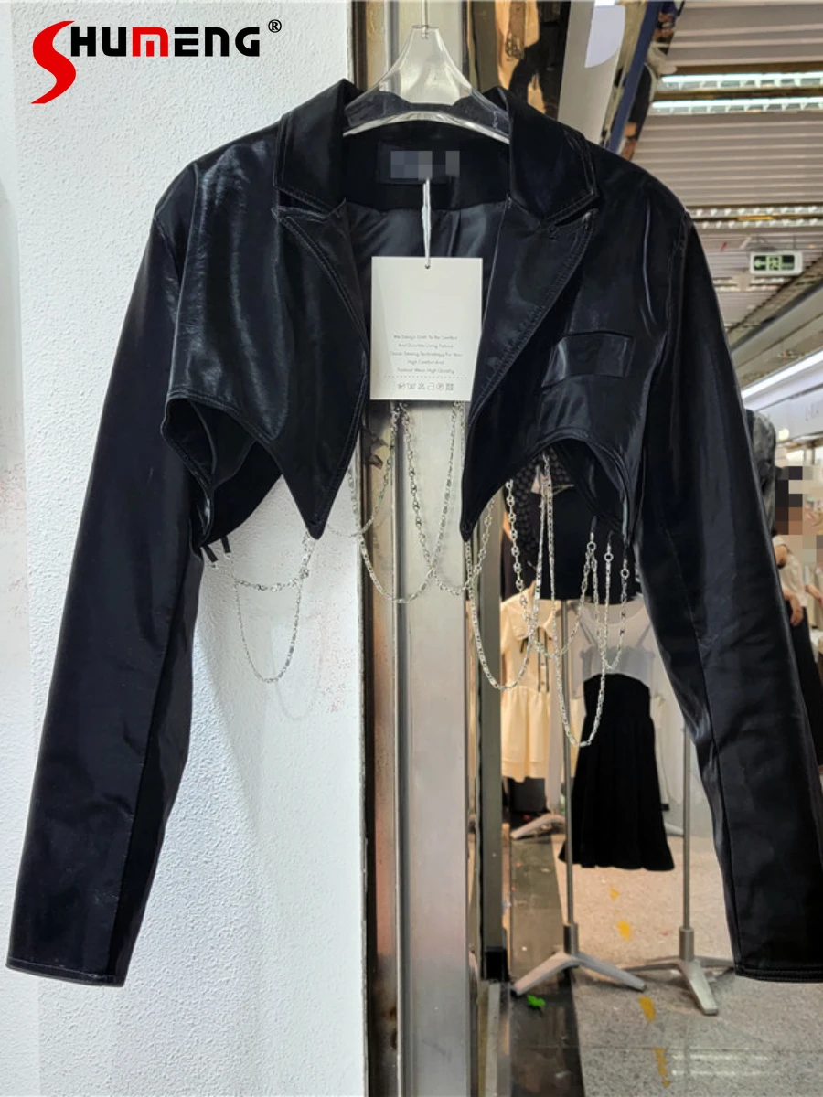 

Новинка, женское модное Черное Кожаное короткое пальто, осень 2022, женская уличная одежда, тонкая короткая куртка из искусственной кожи с дли...