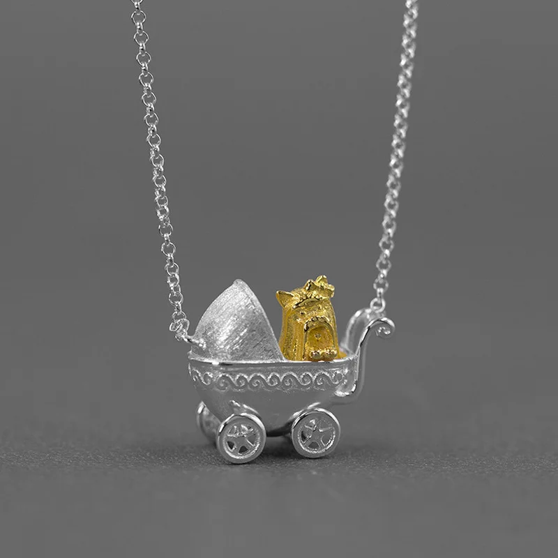 

925 Sterling Silver Necklace Cute Dog Cart Necklaces Pendants For Women Choker Jewelry