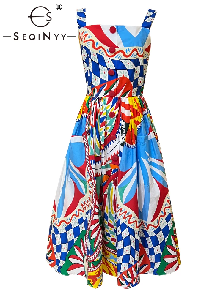

SEQINYY 100% Cotton Dress High Quality Buttons Strapless Vintage Flower Sicily Blue Print Fashion Runway Women Midi Elegant