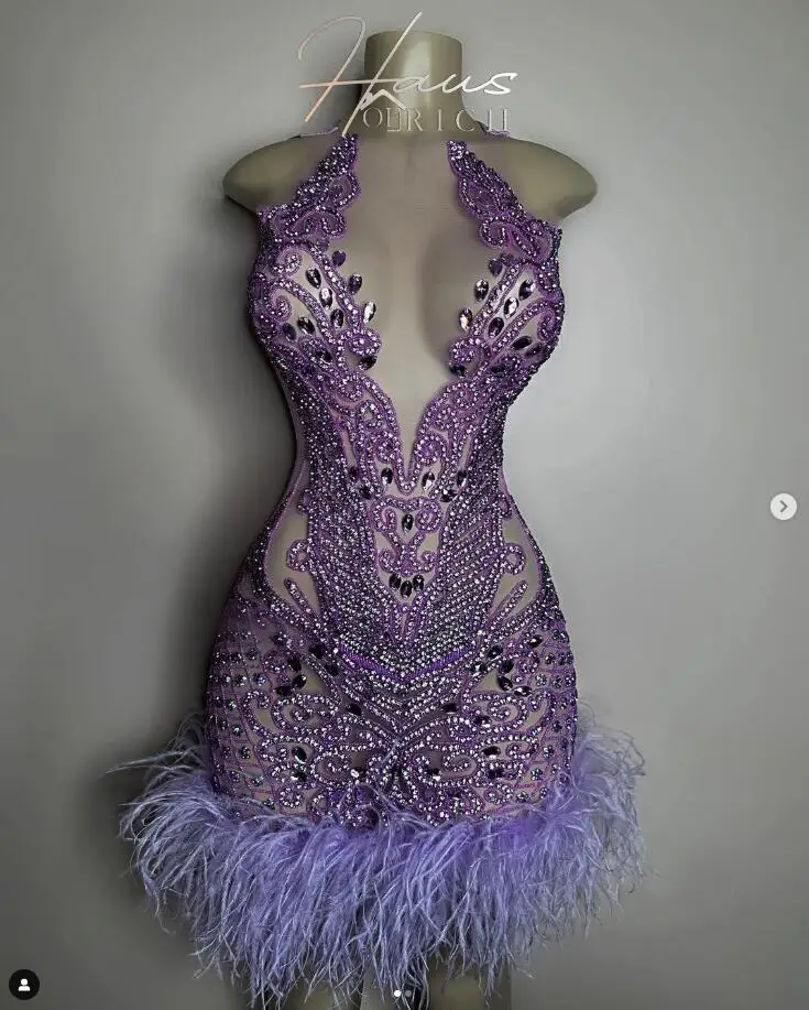 

Lilac Birthday Party Homecoming Dresses See Through Black Girl Beaded Feather Prom gala Gown Платья на выпускной