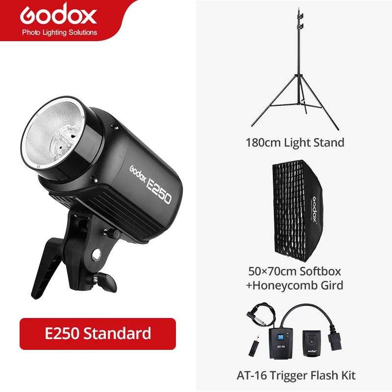 

Godox E250 250Ws Фотостудия Flash Strobe Light + 50x70 см Gird Softbox + 180 см светильник Stand + AT-16 триггер Flash Kit