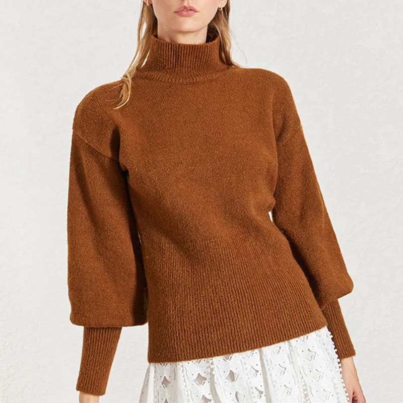 High-neck Lantern-sleeve Sweater Women European and American Style Slim Top Autumn and Winter New Lazy Wind Knitted Sweater