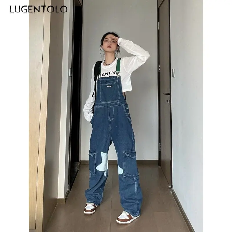 

Комбинезон Lugentolo женский джинсовый, Свободный комбинезон с прямыми штанинами и принтом звезд, с завышенной талией, с карманами, уличная одежда для молодых девушек