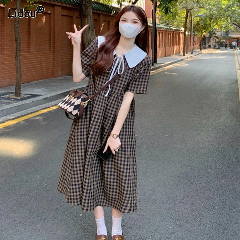 

Preppy Style Bow Brocade Mid-calf Dresses Empire Peter Pan Collar Plaid Slim Summer Pullover Youth Lively Trend Women's Clothing