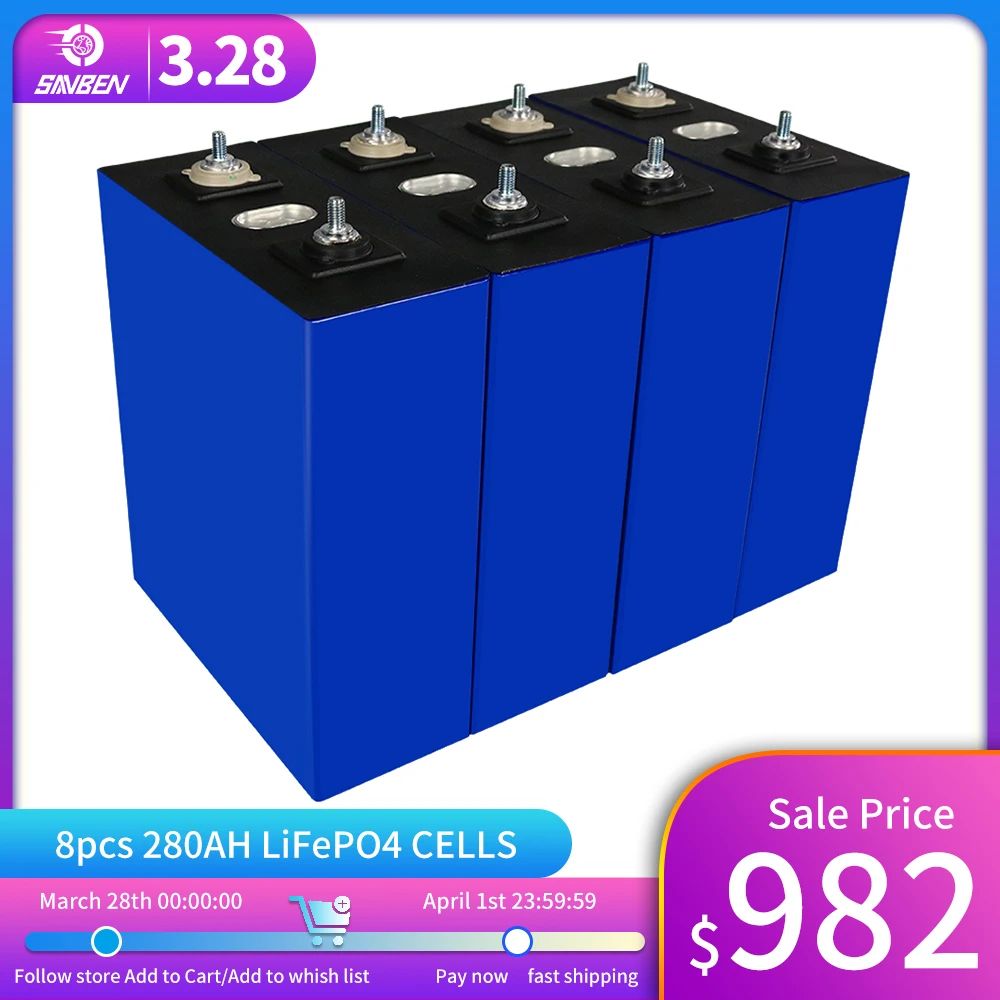

8PCS 3.2V Lifepo4 Cell 280AH Brand New Grade A DIY 12V 24V 48V Rechargeable Battery Pack Deep Cycle With Free Busbars