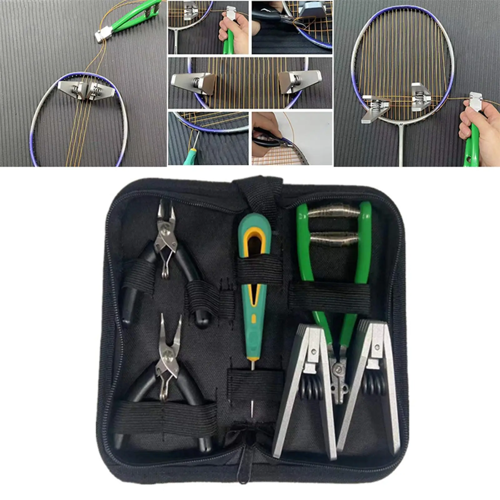 

Starting Stringing Clamp Tool Kit Spring Loaded Stringing Machine Tools Tennis Stringer Storage Bag for Badminton Tennis Racquet