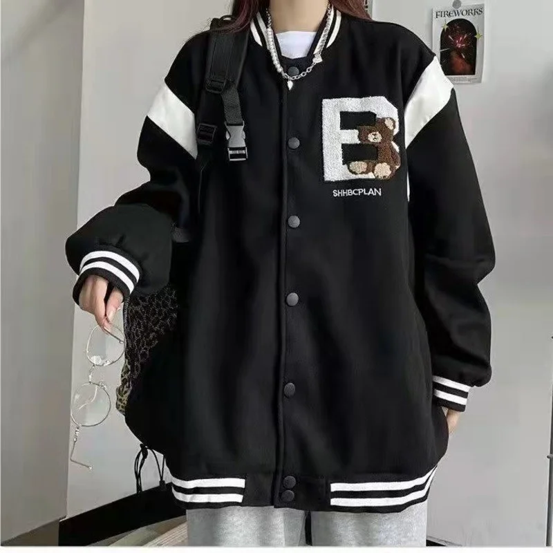 

American Baseball Jacket Women's 2021 Autumn Winter New Korean Retro Loose Student Bear College Bomber Coat