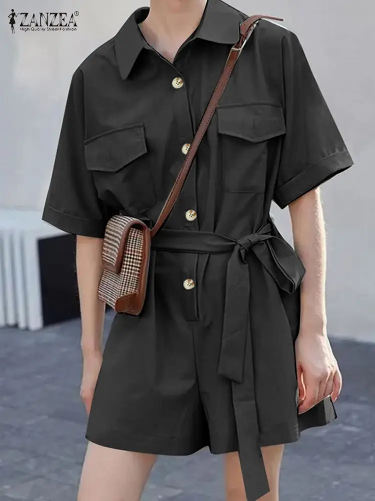 

Женский Короткий комбинезон с пуговицами и лацканами, с поясом