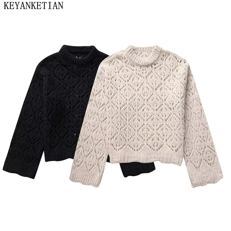 

Новинка зимы от KEYANKETIAN, Женский жаккардовый свитер с вырезами и геометрическим рисунком, пуловер, модный простой укороченный топ, однотонная трикотажная одежда