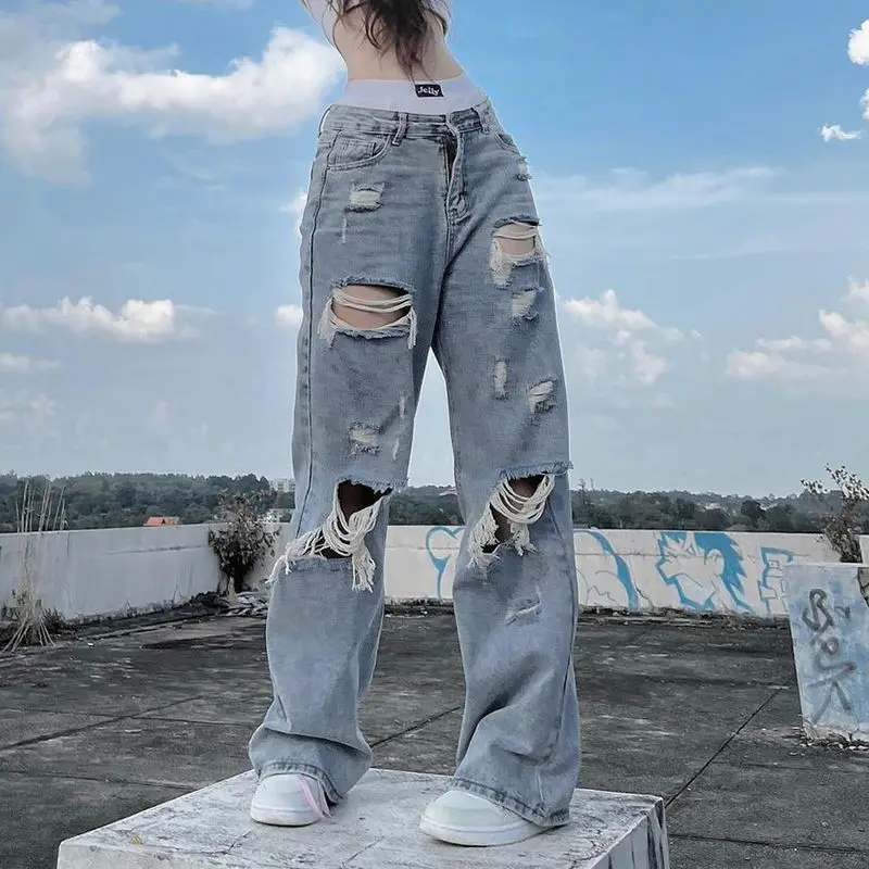 Streetwear Straight Pants Ladies Ripped Jeans Mid Waist Loose Wide Leg Pants Ladies Jeans Y2K Summer High Street Cargo Pants