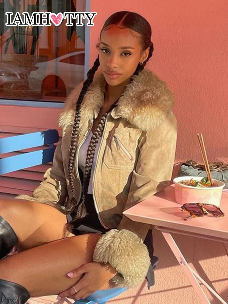 

Замшевая куртка IAMHOTTY с меховым воротником в стиле пэчворк на молнии, винтажный кардиган цвета хаки, женское элегантное модное пальто, шикарная верхняя одежда для осени и зимы