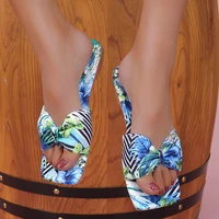 women print slippers woman square toe bow slides ladies bohemia summer beach footwear female casual flats womens shoes