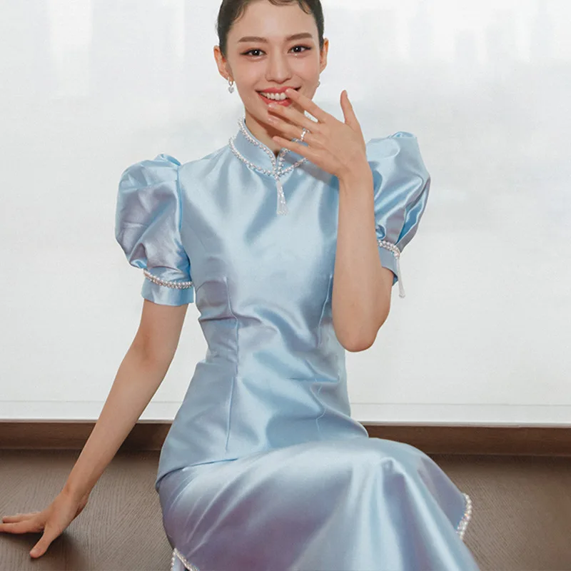 Blue Qipao Elegant Puff Sleeve Cheongsams Luxury Improved Chinese Style Dress Women Satin Banquet Gown Evening Dress Vestidos