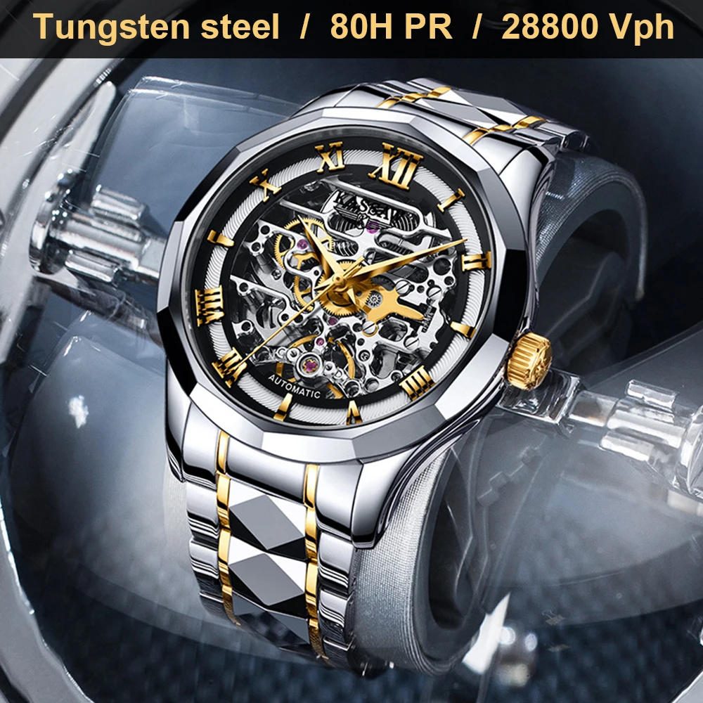 

Luxury Skeleton Watch Men Automatic Mechanical Wristwatches 41mm Tungsten Steel 80H Power Reserve Business Watches KASSAW 2023