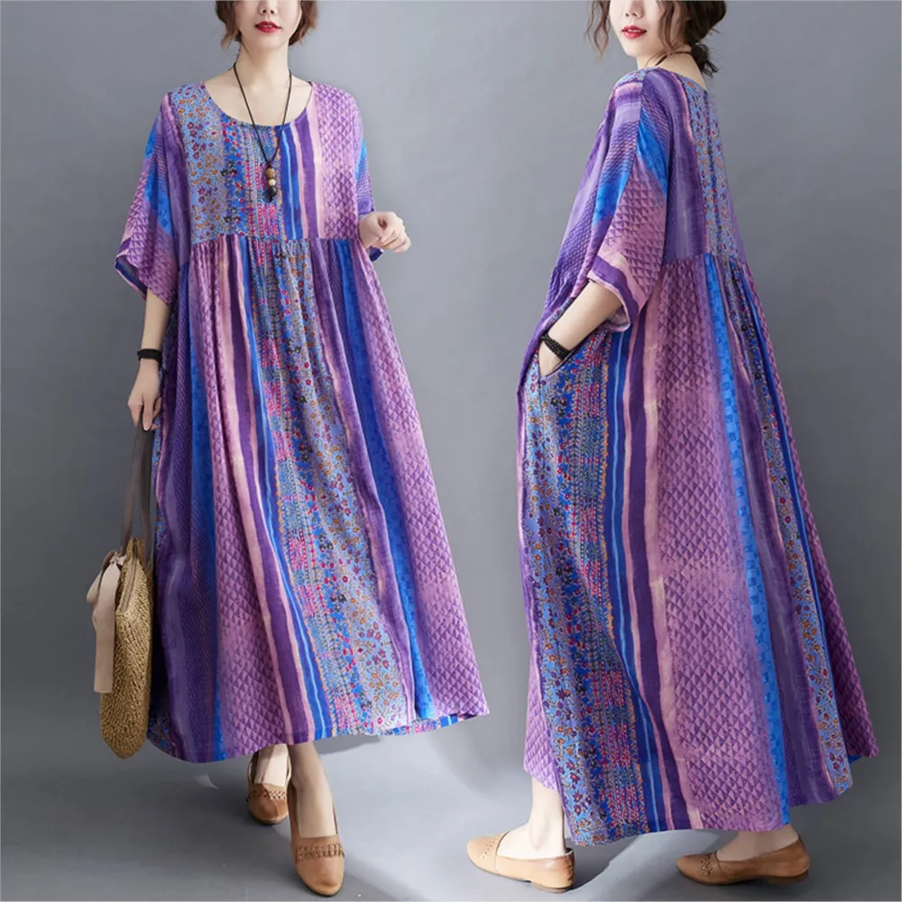 

Новинка лета 2022, простое фиолетовое Цветочное платье в западном стиле, повседневное свободное тонкое универсальное женское длинное платье ...