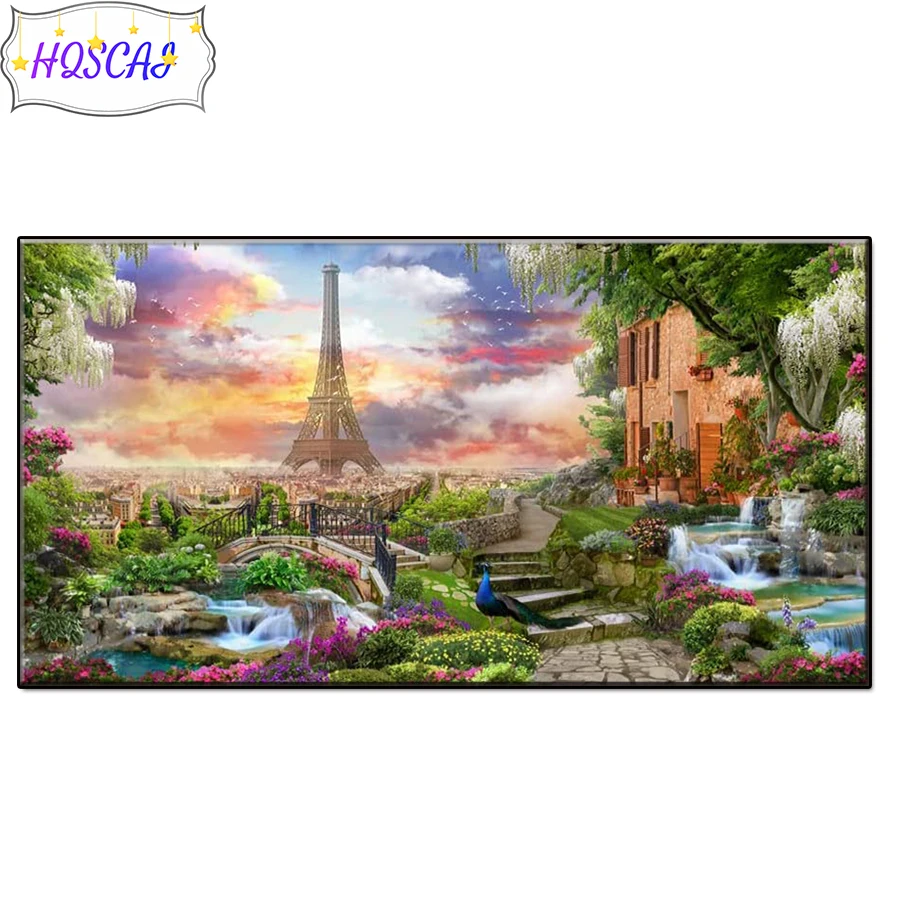 Eiffel Tower, garden view Full Square round Diamond Embroidery DIY Diamond Painting Cross Stitch Drill Picture of Rhinestones