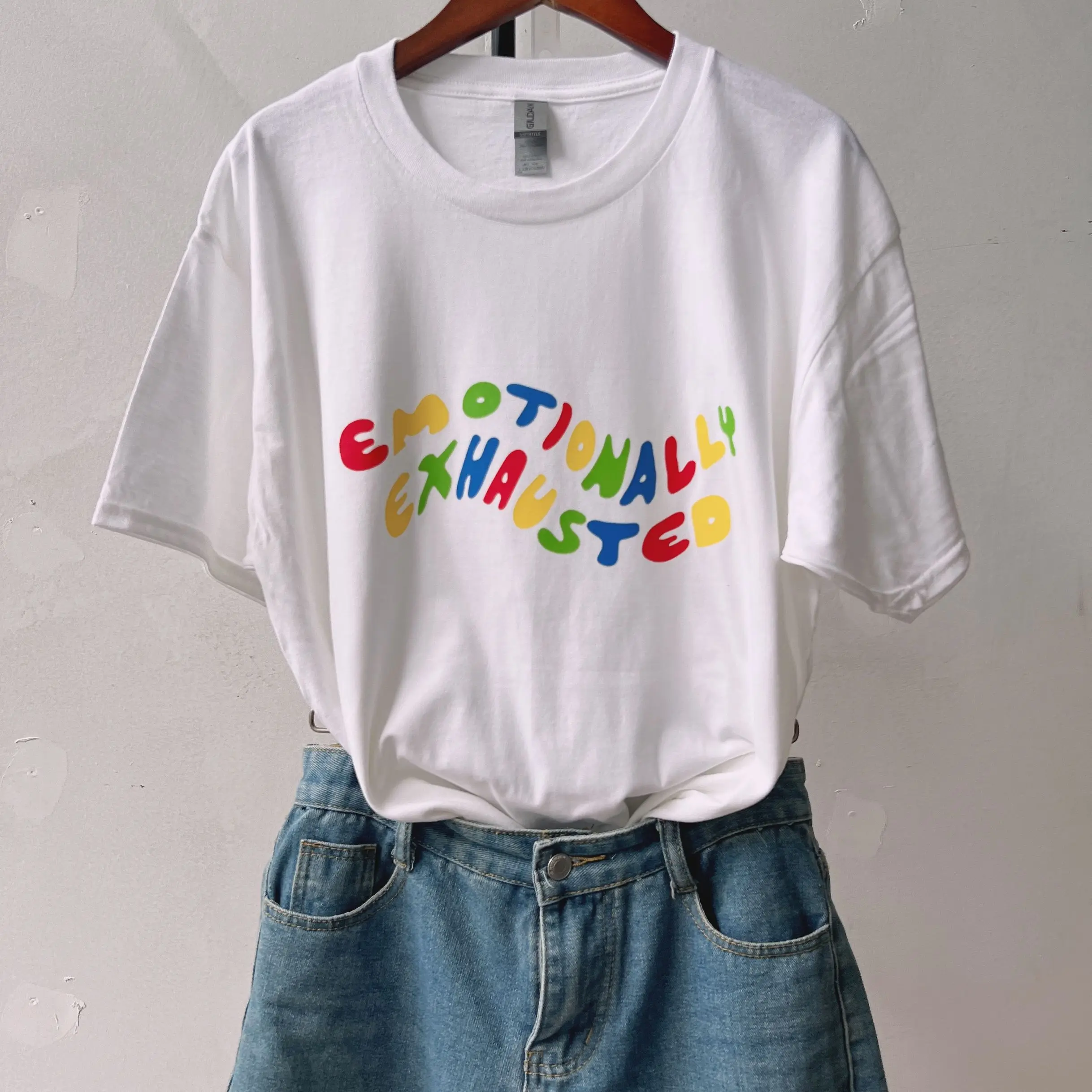 

2022 Emotionally Exhausted Colorful Printed T-Shirt Unisex Tumblr Grunge Black Tee Cute Summer Tops Street Casual Wear