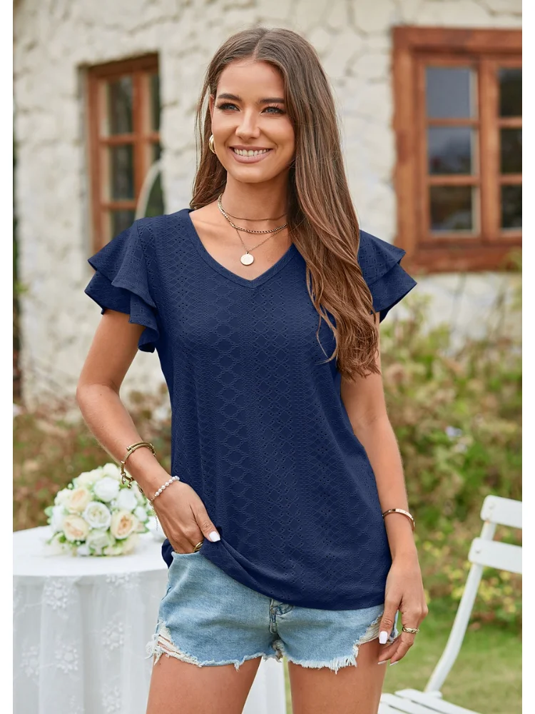 

2023 Summer New Women's Top Solid Color Women T-Shirt with Hollow-Out Lotus Leaf Sleeves Sweet and Fresh Casual Women's Top
