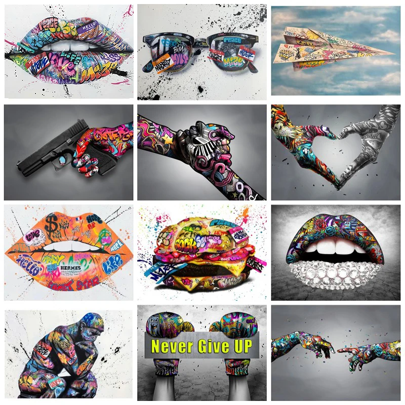 

Художественные постеры и принты в уличном стиле граффити с гамбургерами фаст-фудом абстрактная ручная живопись на холсте Настенная картин...