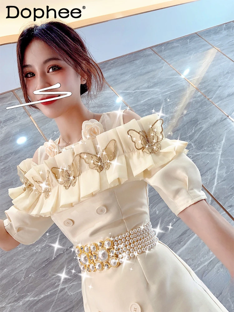 

2022 Summer New Off-Shoulder Sneaky Design Button Dress for Woman Short Sleeve Fashion Ladies Outfits Evening Party Vestido