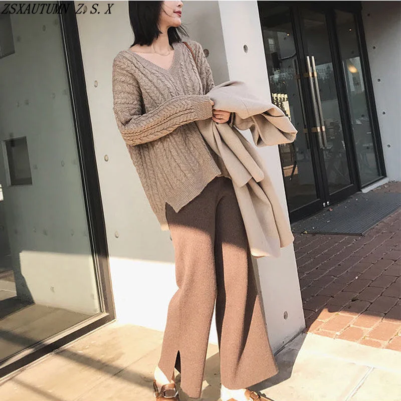 

Autumn Winter Wide Leg Pants Women High Waist Casual Knitted Loose Straight Trousers Female Elegant Fashion Slim Slacks Pantalon
