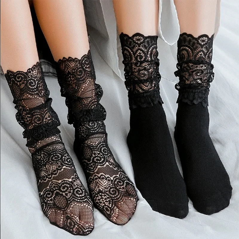 Women's Black Lace Stockings Hollow Transparent Lace Stockings Pure Cotton Japanese Fleece Socks Quilt Color Princess Socks