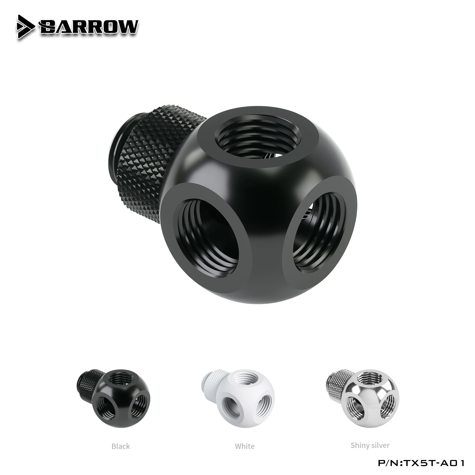 BARROW 3/4/5-Way Spherical Fittings G1/4 Threaded Adapter Brass T-Type Rotary Ball Cube Connector for PC Water Cooling TLFT5T-A0 images - 6